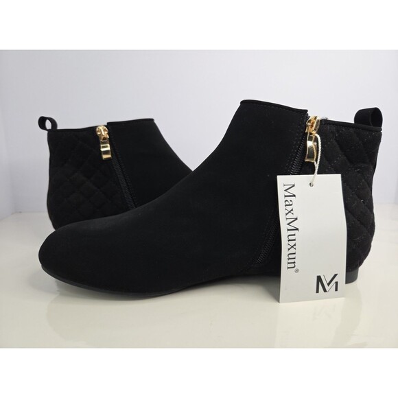 Max Muxun Black Quilted Suede Like Ankle Booties Gold Zip Sz 8 Work Comfort NWT - Picture 5 of 11